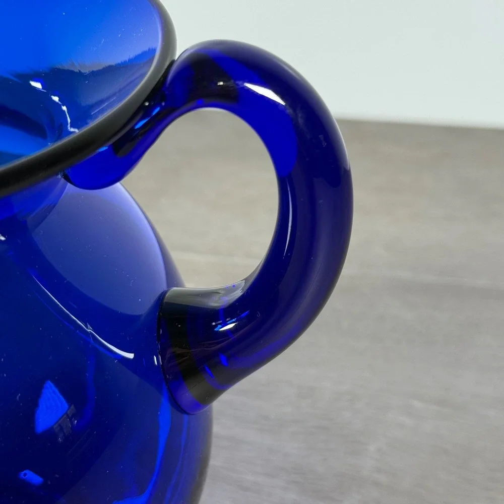 Blenko Cobalt Blue Glass Pitcher Signed 2005 Hand Blown 7.5in USA 2000s